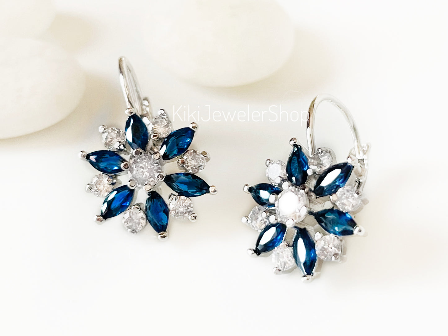 Pink+White Sapphire Snowflake Flower Leverback Earrings