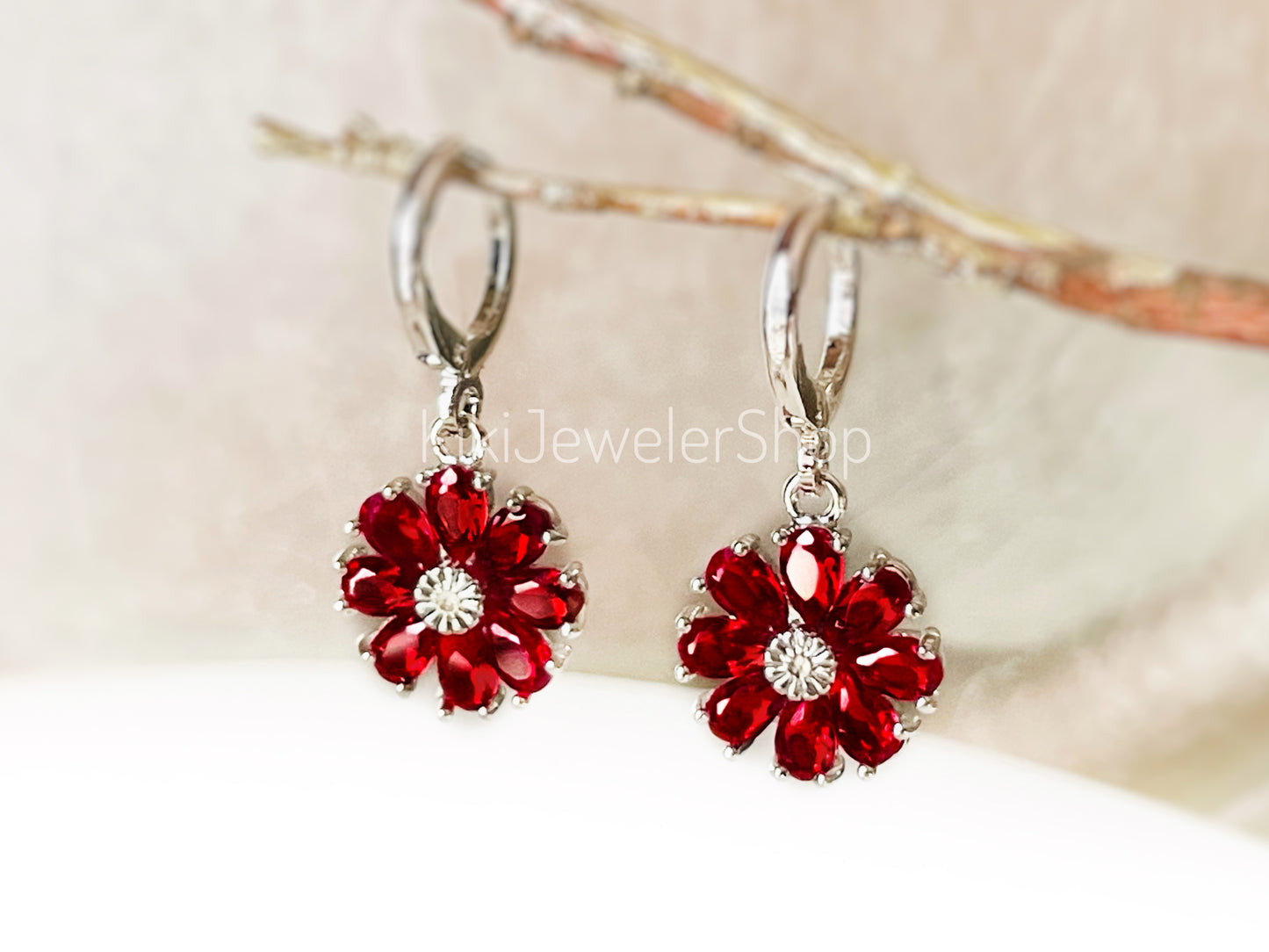 Ruby Daisy Flower Drop Earrings Gold-filled