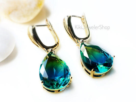 Large bicolor green tourmaline dangles gold