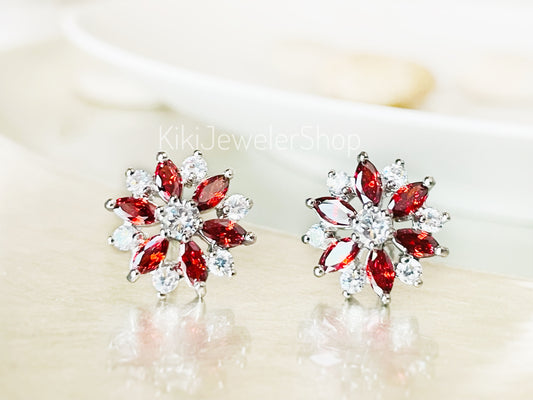 Garnet + White Sapphire Flower Studs