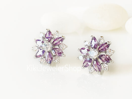 Amethyst + White Sapphire Snowflake Flower Studs