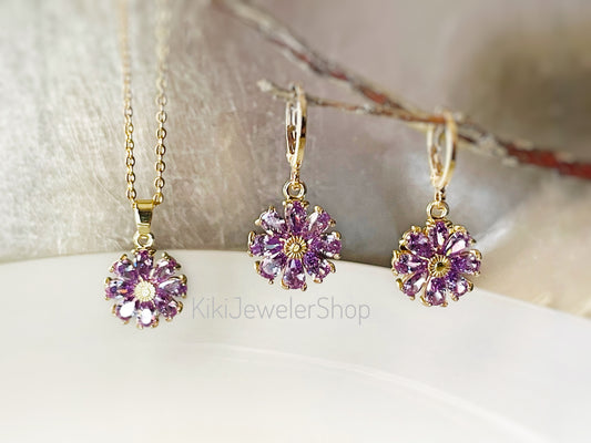 Amethyst purple daisy flower 2pc jewelry set Gold filled