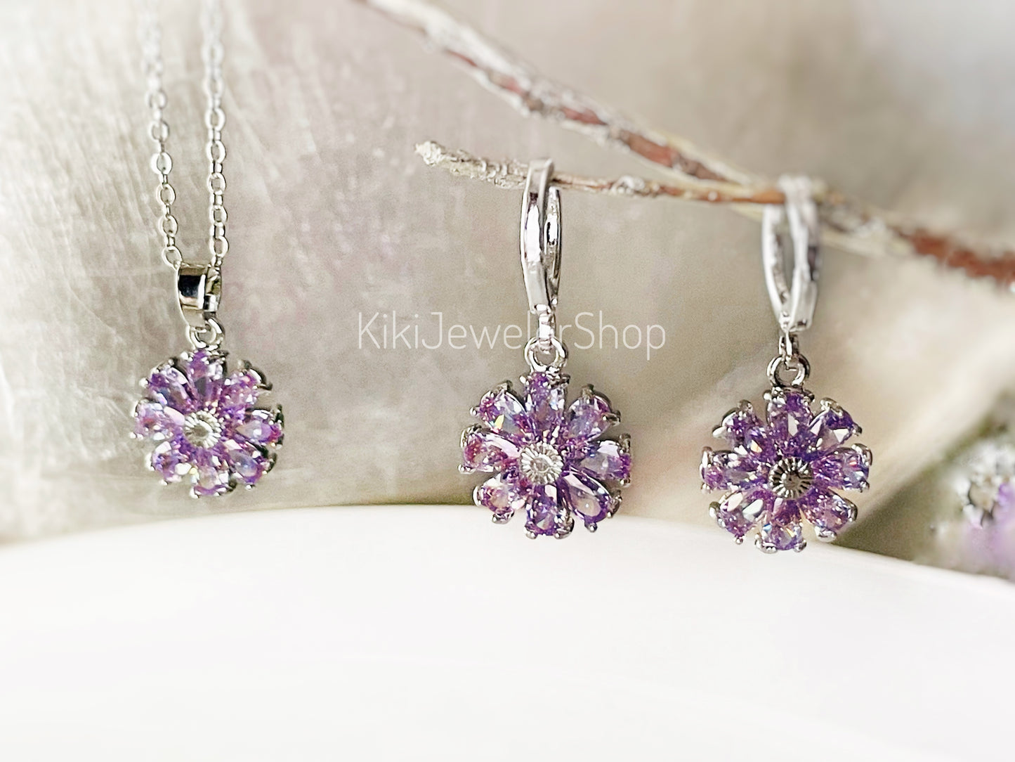 Amethyst purple daisy flower 2pc jewelry set Gold filled