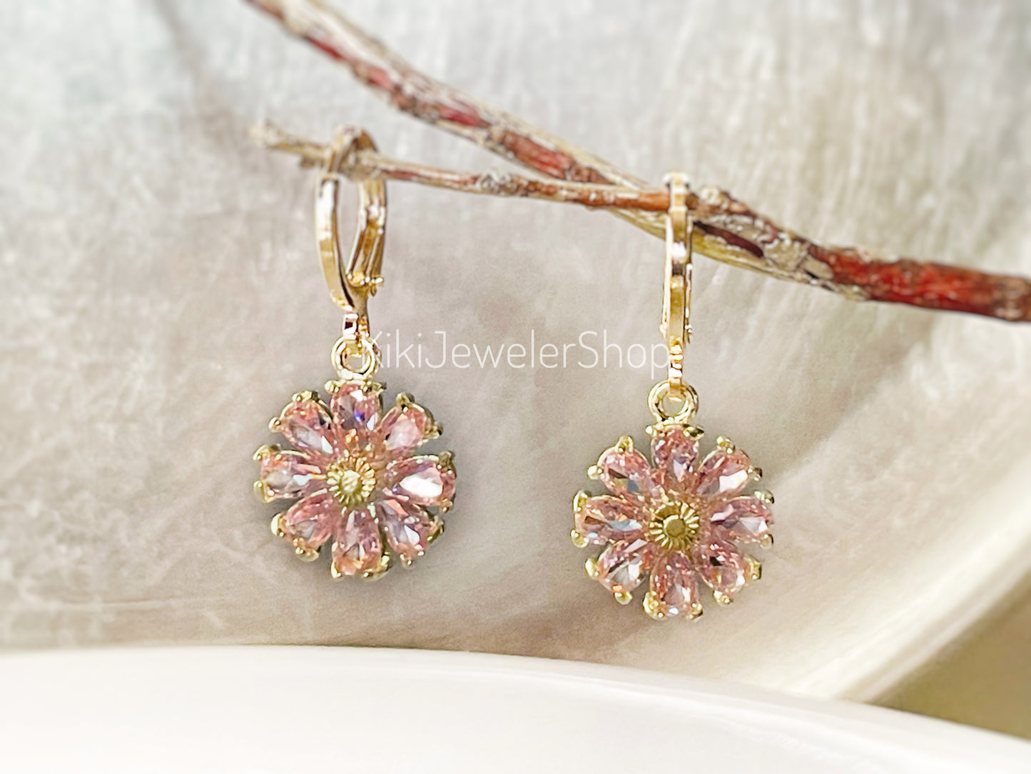 Pink sapphire daisy flower dangle earrings
