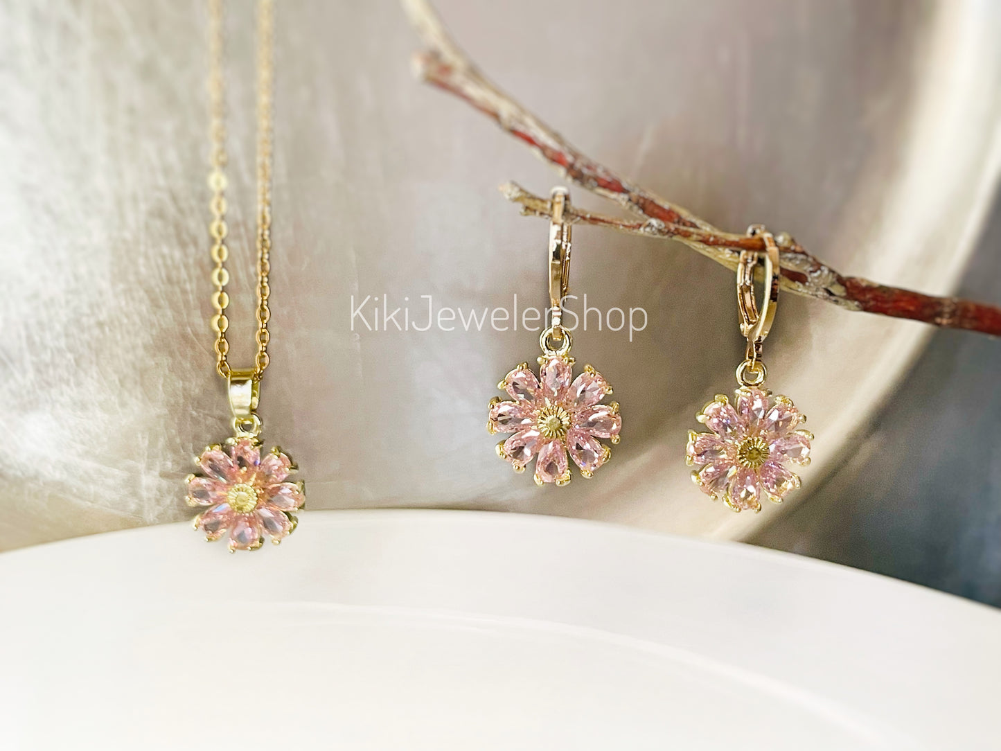 Pink Sapphire Daisy Flower 2pc Jewelry Set Gold filled