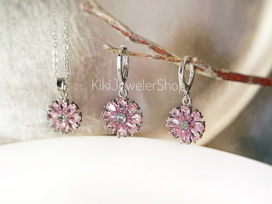 Pink Sapphire Daisy Flower 2pc Jewelry Set Gold filled