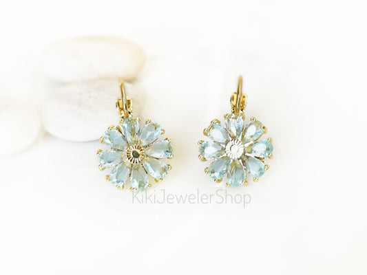 Aquamarine Daisy Flower Earrings Gold-filled