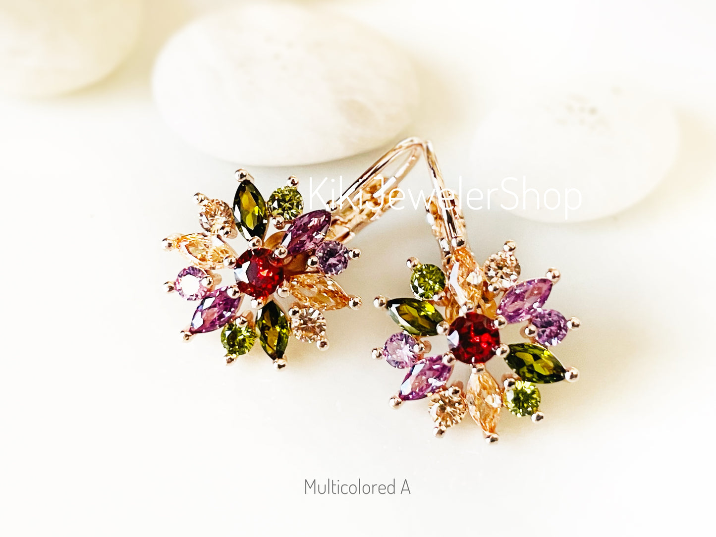 Pink+White Sapphire Snowflake Flower Leverback Earrings