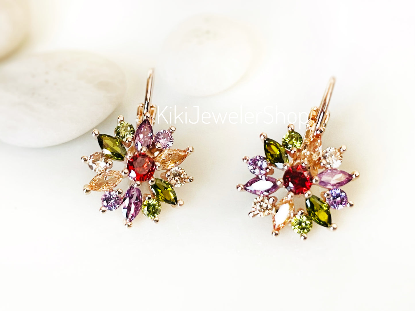 Pink+White Sapphire Snowflake Flower Leverback Earrings