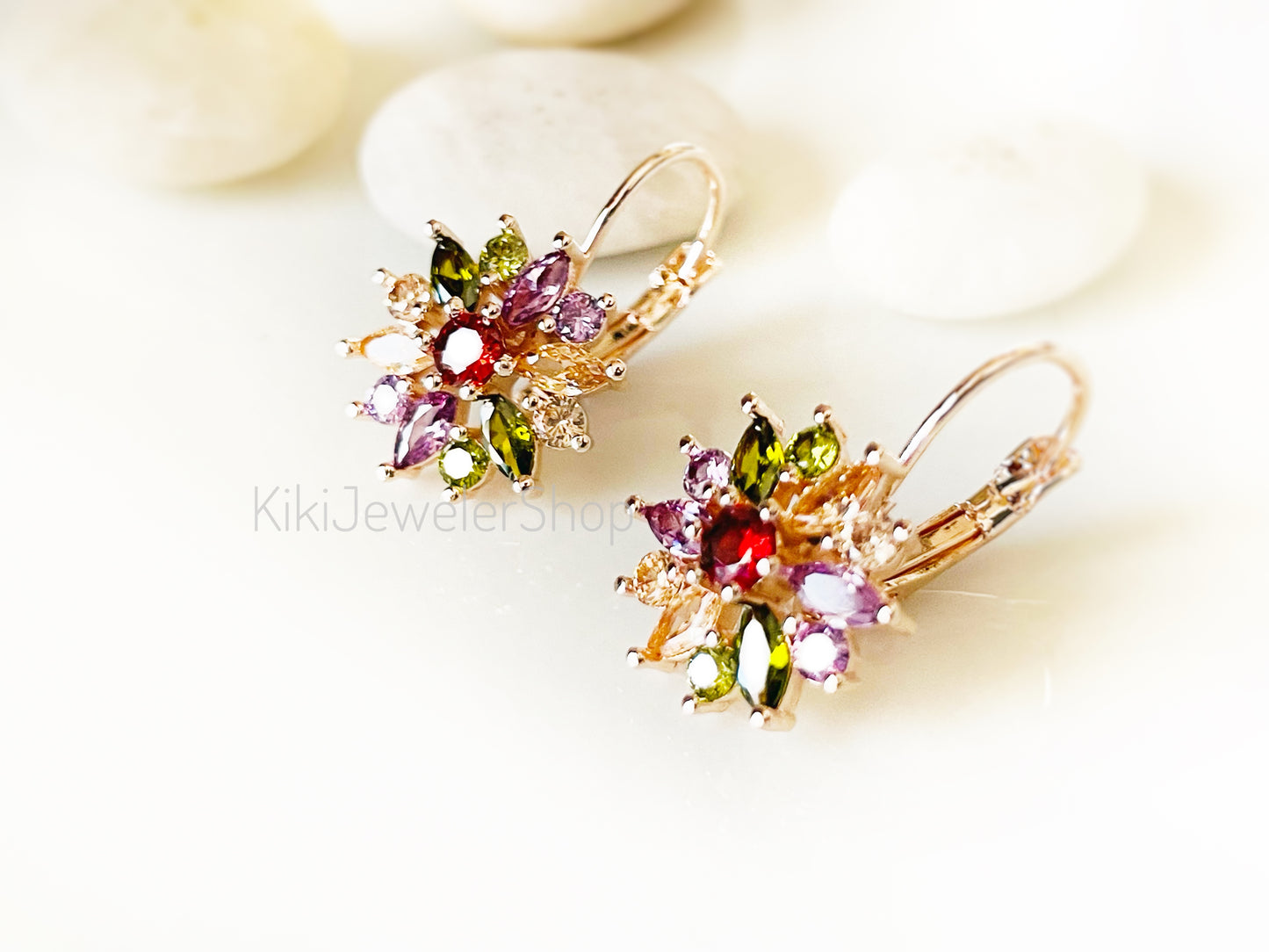 Pink+White Sapphire Snowflake Flower Leverback Earrings