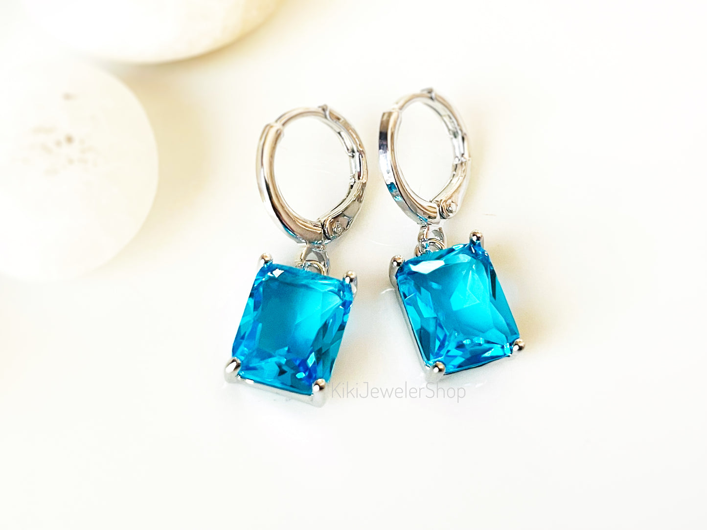 Small emerald cut blue topaz 2pc jewelry set