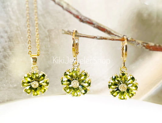 Peridot Daisy Flower Jewelry Set Gold Filled