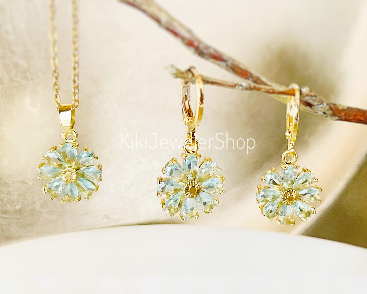 Aquamarine Daisy Flower Jewelry Set Gold Filled