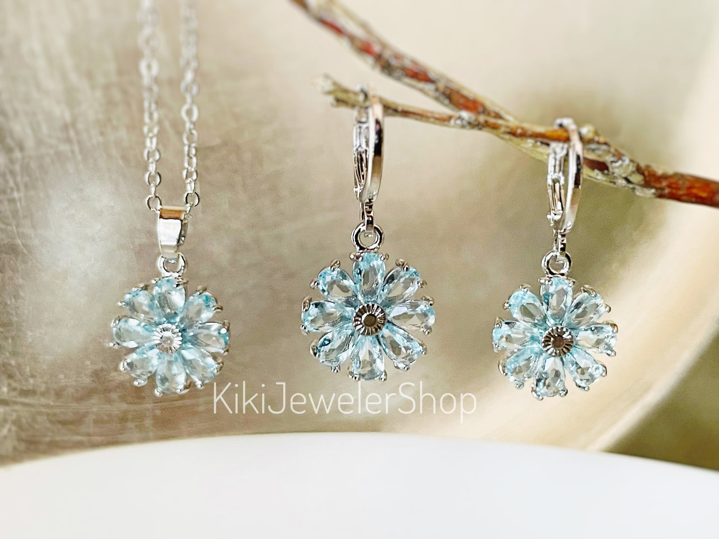 Aquamarine Daisy Flower Jewelry Set Gold Filled
