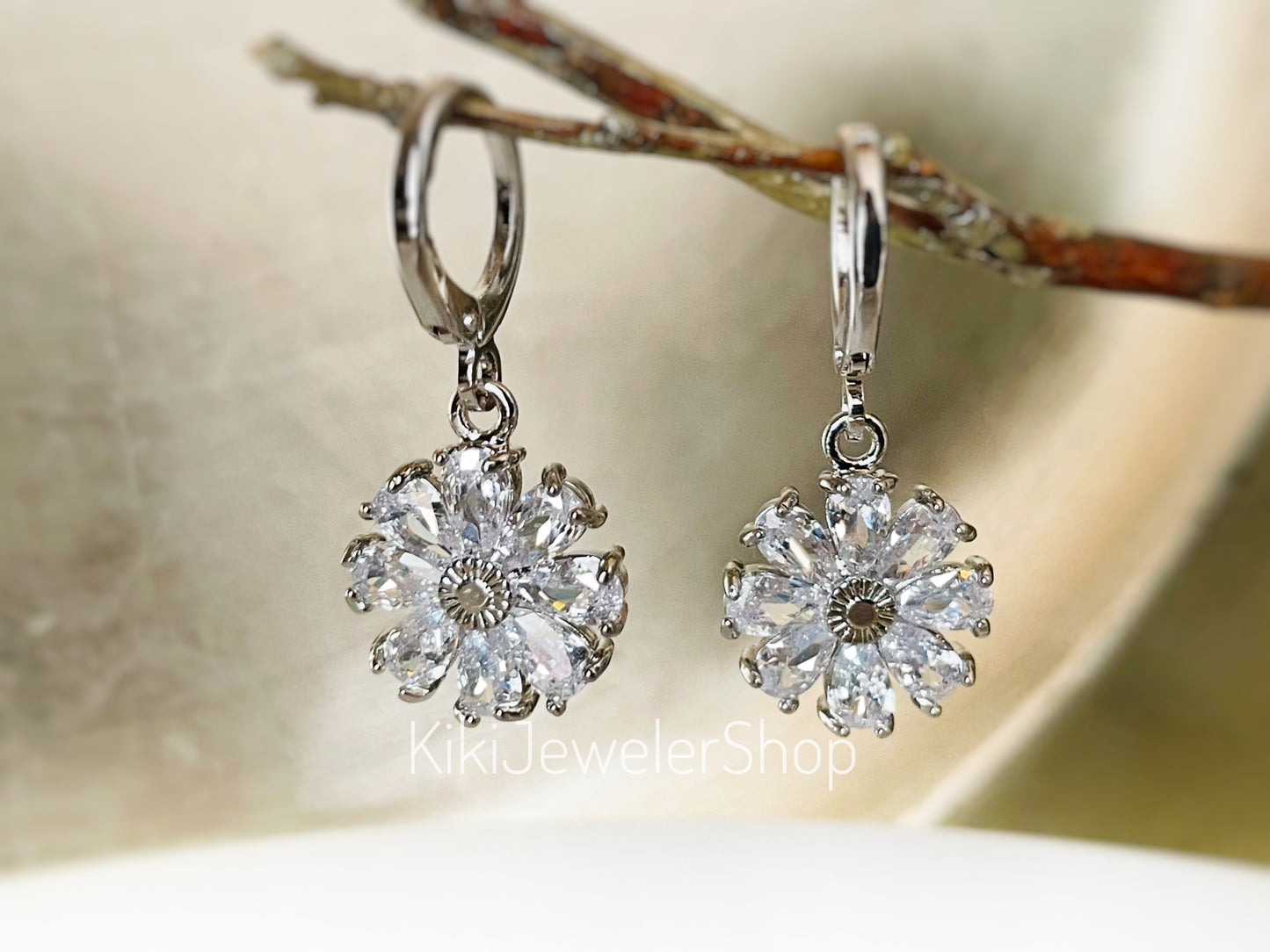 White Sapphire Daisy Flower Drop earrings Gold-filled