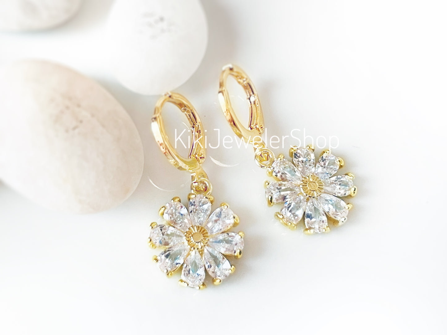 White Sapphire Daisy Flower Drop earrings Gold-filled