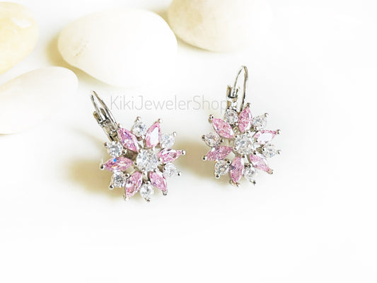 Pink+White Sapphire Snowflake Flower Leverback Earrings