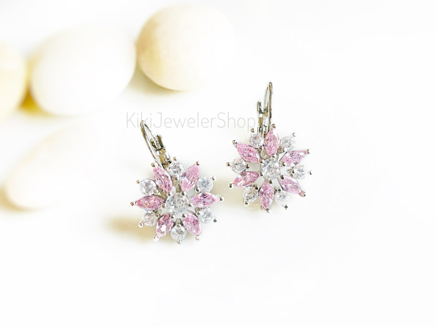 Pink+White Sapphire Snowflake Flower Leverback Earrings