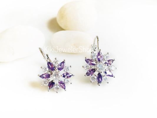 Amethyst+White Sapphire Snowflake Flower Leverback Earrings