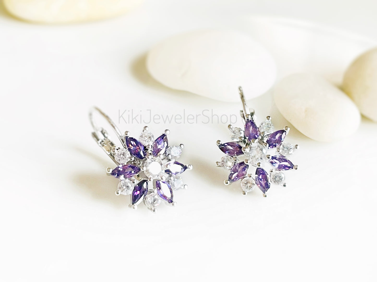 Pink+White Sapphire Snowflake Flower Leverback Earrings