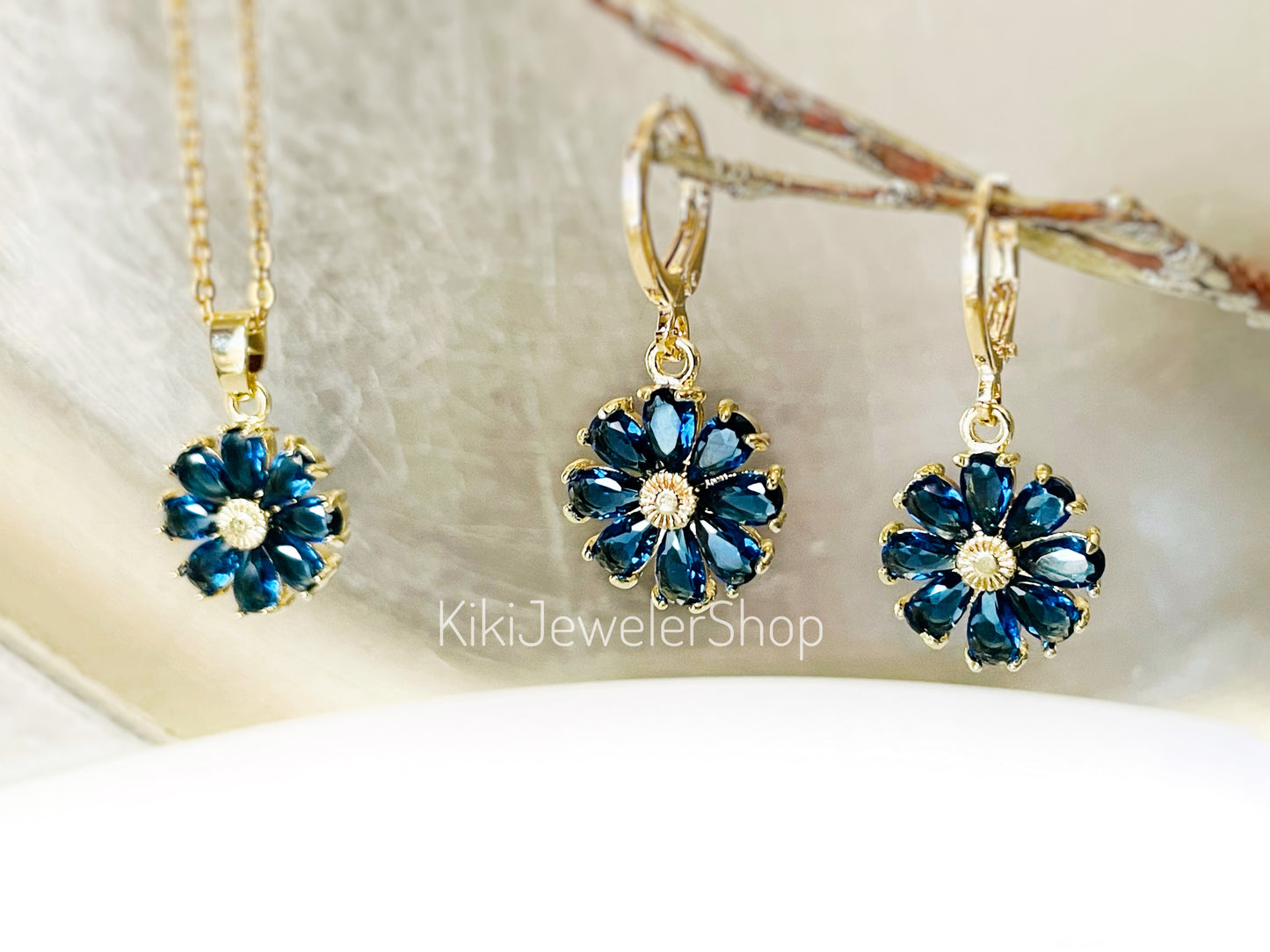 Blue Sapphire Daisy Flower Jewelry Set Gold Filled