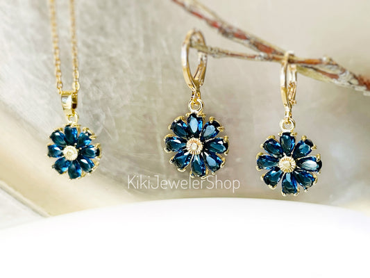 Blue Sapphire Daisy Flower Jewelry Set Gold Filled