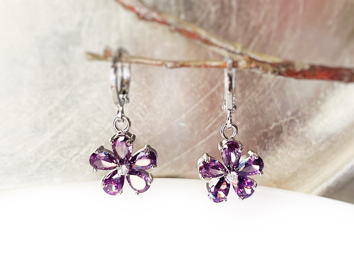 Amethyst flower dangle earrings, amethyst 2pc jewelry set, pink sapphire, rain flower earrings, birthstone earrings, gift for her