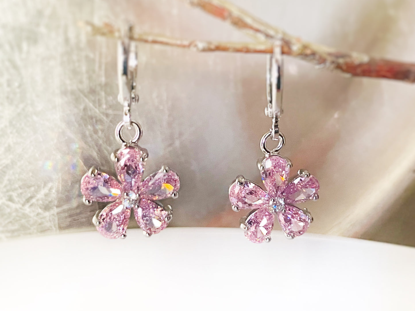 Amethyst flower dangle earrings, amethyst 2pc jewelry set, pink sapphire, rain flower earrings, birthstone earrings, gift for her