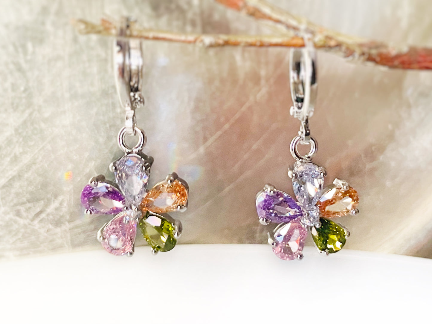 Amethyst flower dangle earrings, amethyst 2pc jewelry set, pink sapphire, rain flower earrings, birthstone earrings, gift for her