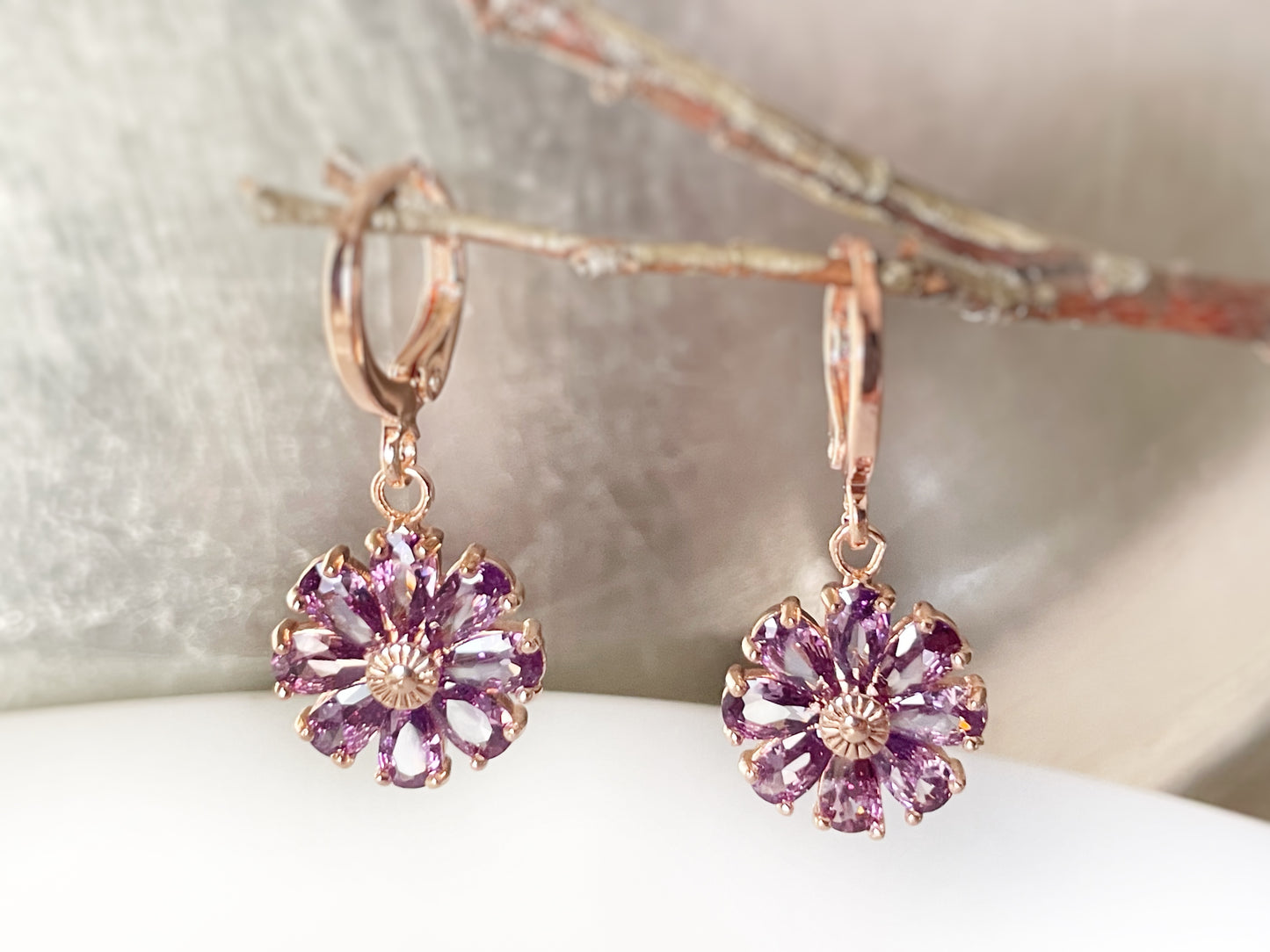 Amethyst purple daisy flower 2pc jewelry set