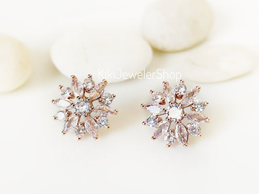 White Sapphire Snowflake Flower Studs Rose Gold