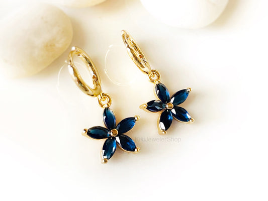 Blue Sapphire Flower Dangle Earrings