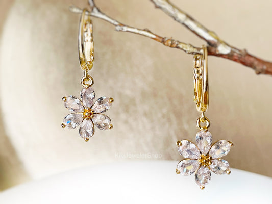 White sapphire flower dangle earrings