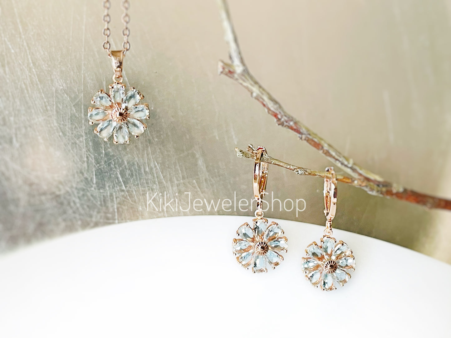 Aquamarine Daisy Flower Jewelry Set Gold Filled