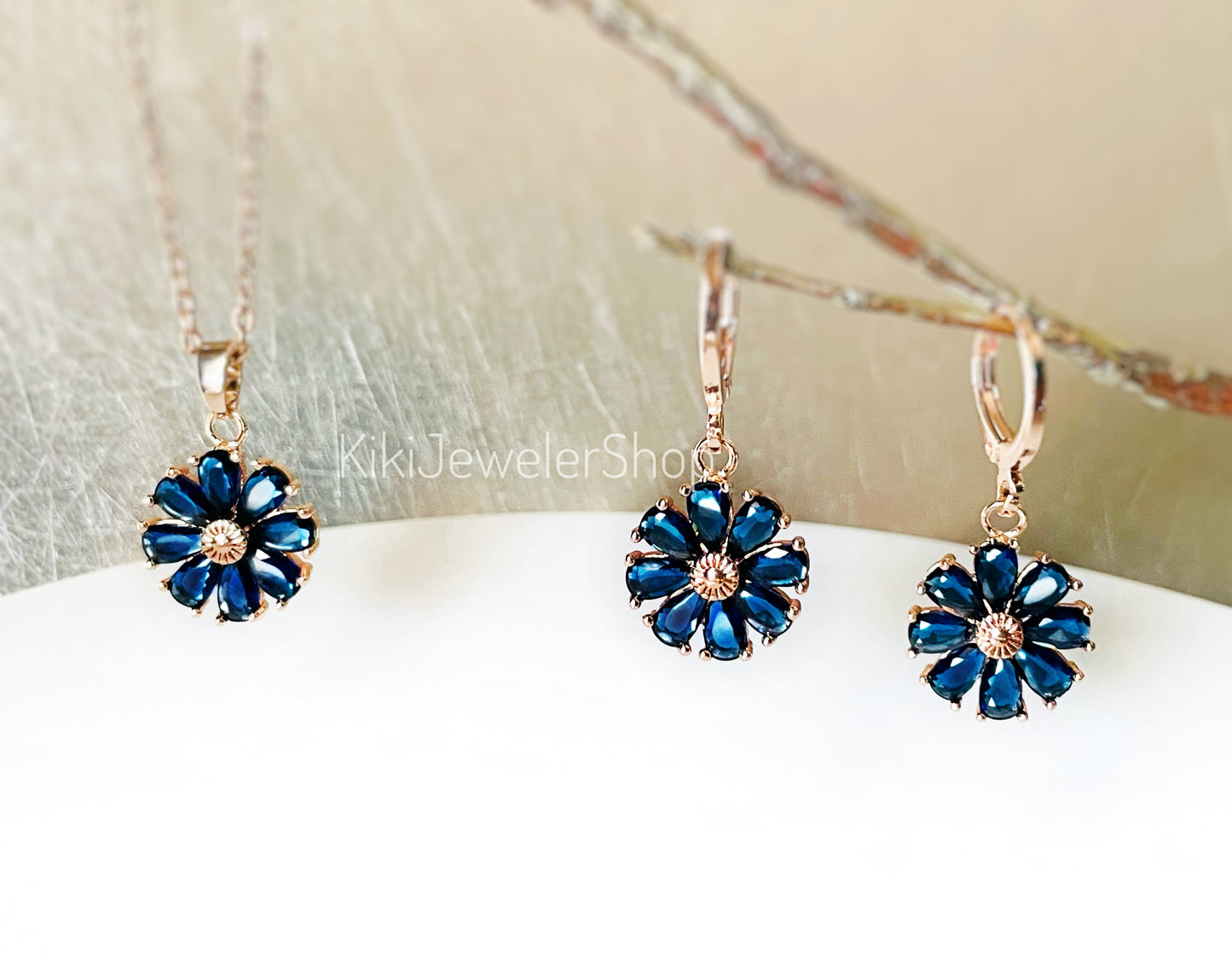 Blue Sapphire Daisy Flower Jewelry Set Gold Filled