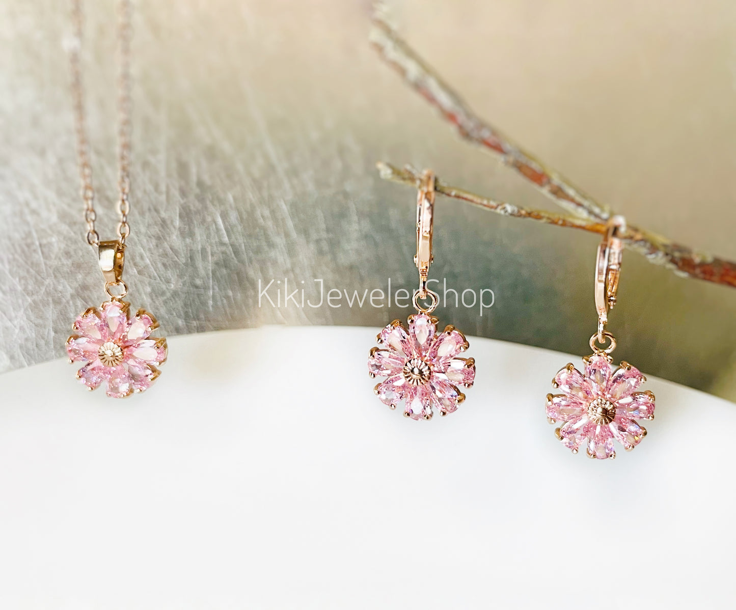Pink Sapphire Daisy Flower 2pc Jewelry Set Gold filled
