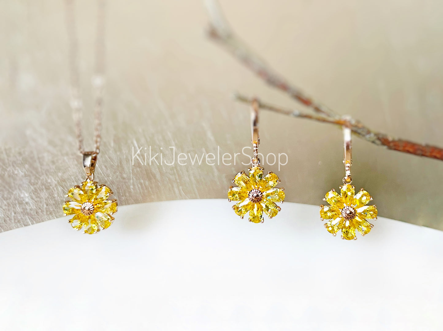 Citrine Daisy Flower 2pc Jewelry Set Gold filled