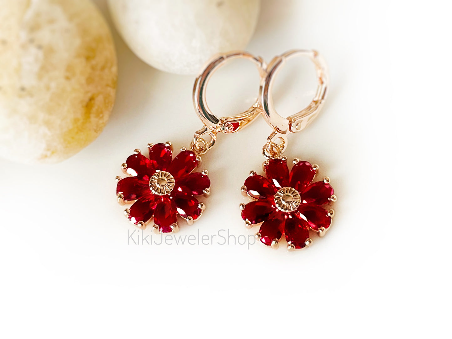 Ruby Daisy Flower Drop Earrings Gold-filled