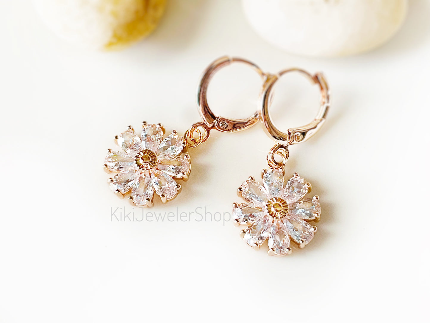 White Sapphire Daisy Flower Drop earrings Gold-filled