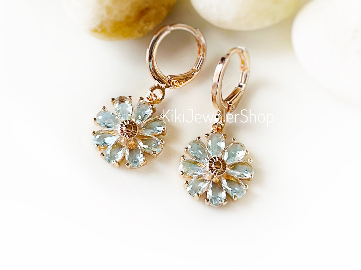 Aquamarine Daisy Flower Jewelry Set Gold Filled