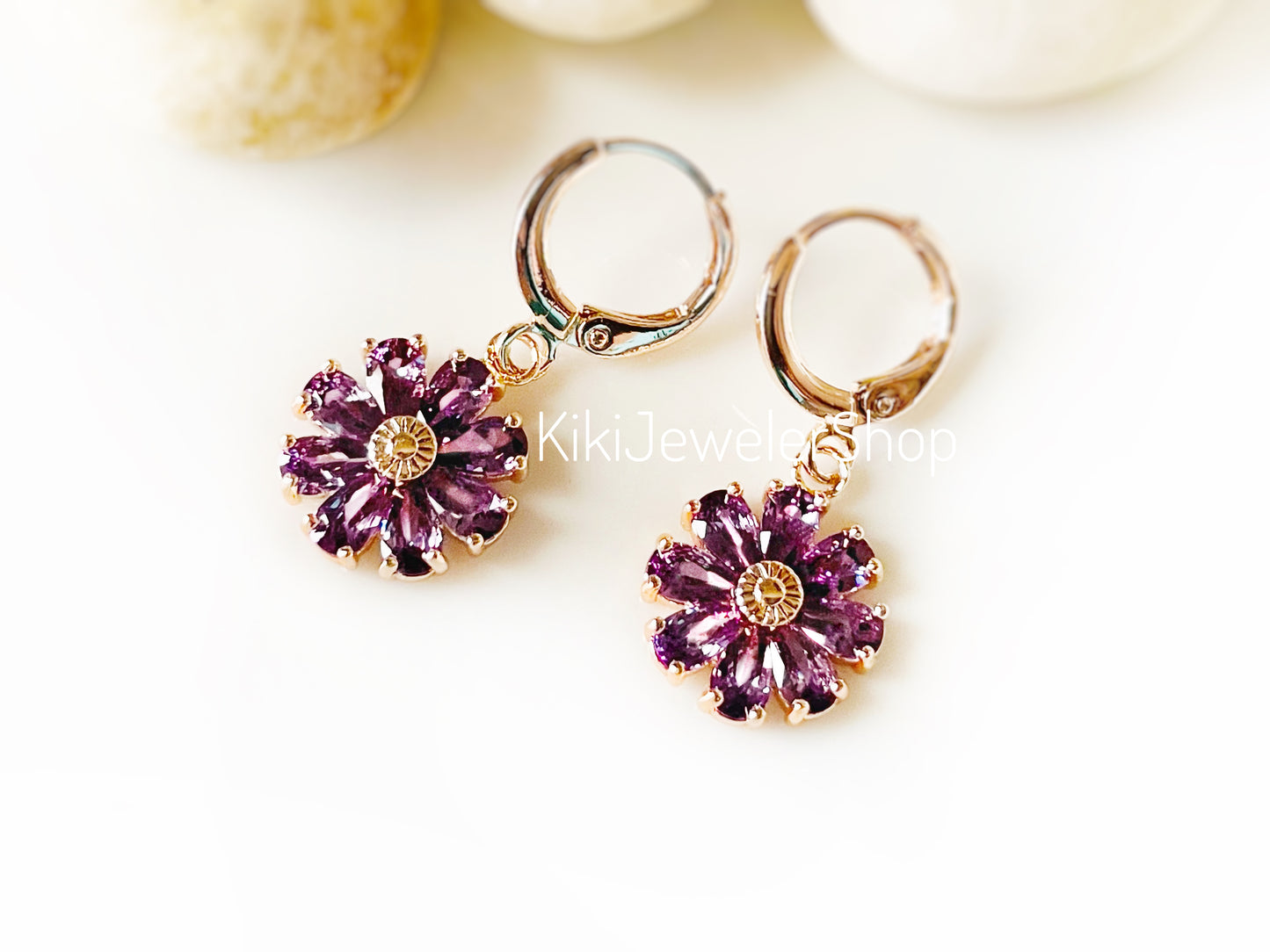 Amethyst purple daisy flower 2pc jewelry set Gold filled