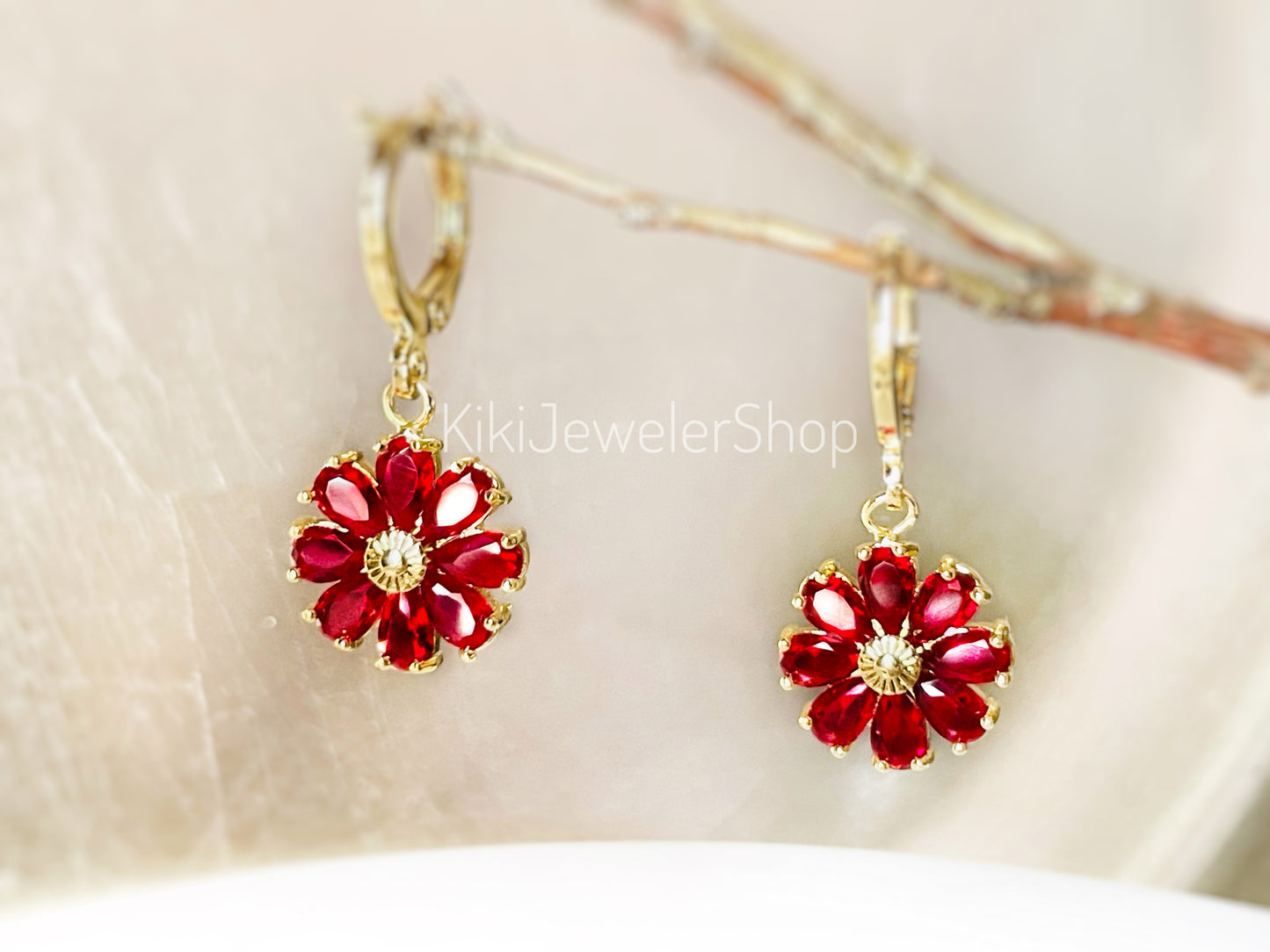 Ruby Daisy Flower Drop Earrings Gold-filled