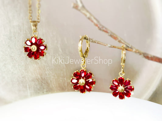 Ruby daisy flower 2pc jewelry set Goldfilled
