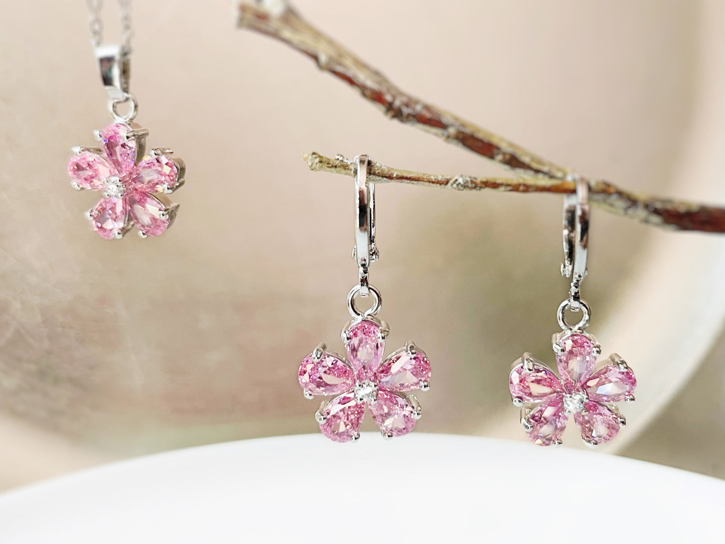 Amethyst flower dangle earrings, amethyst 2pc jewelry set, pink sapphire, rain flower earrings, birthstone earrings, gift for her