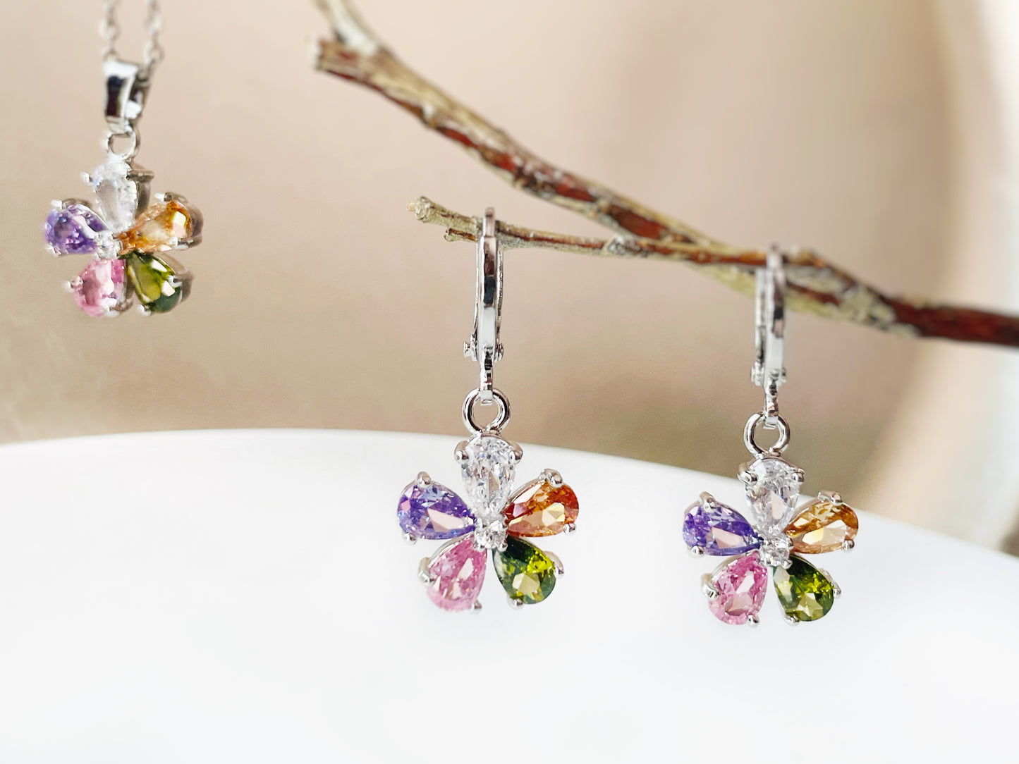 Amethyst flower dangle earrings, amethyst 2pc jewelry set, pink sapphire, rain flower earrings, birthstone earrings, gift for her