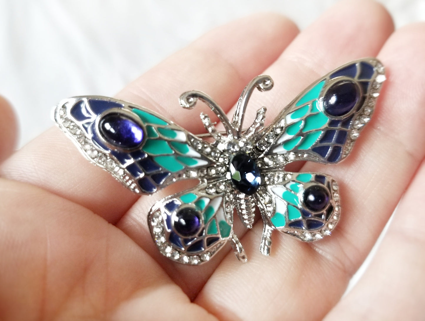 Blue crystal enamel butterfly brooch pin, wedding bouquet brooch. Gift for her, gift for mom
