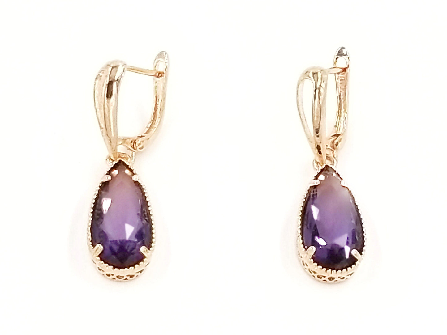 Pear shaped amethyst dangling earring in 14K rose gold, purple gemstone teardrop earrings, gift for her, gift for mom, February birthstones