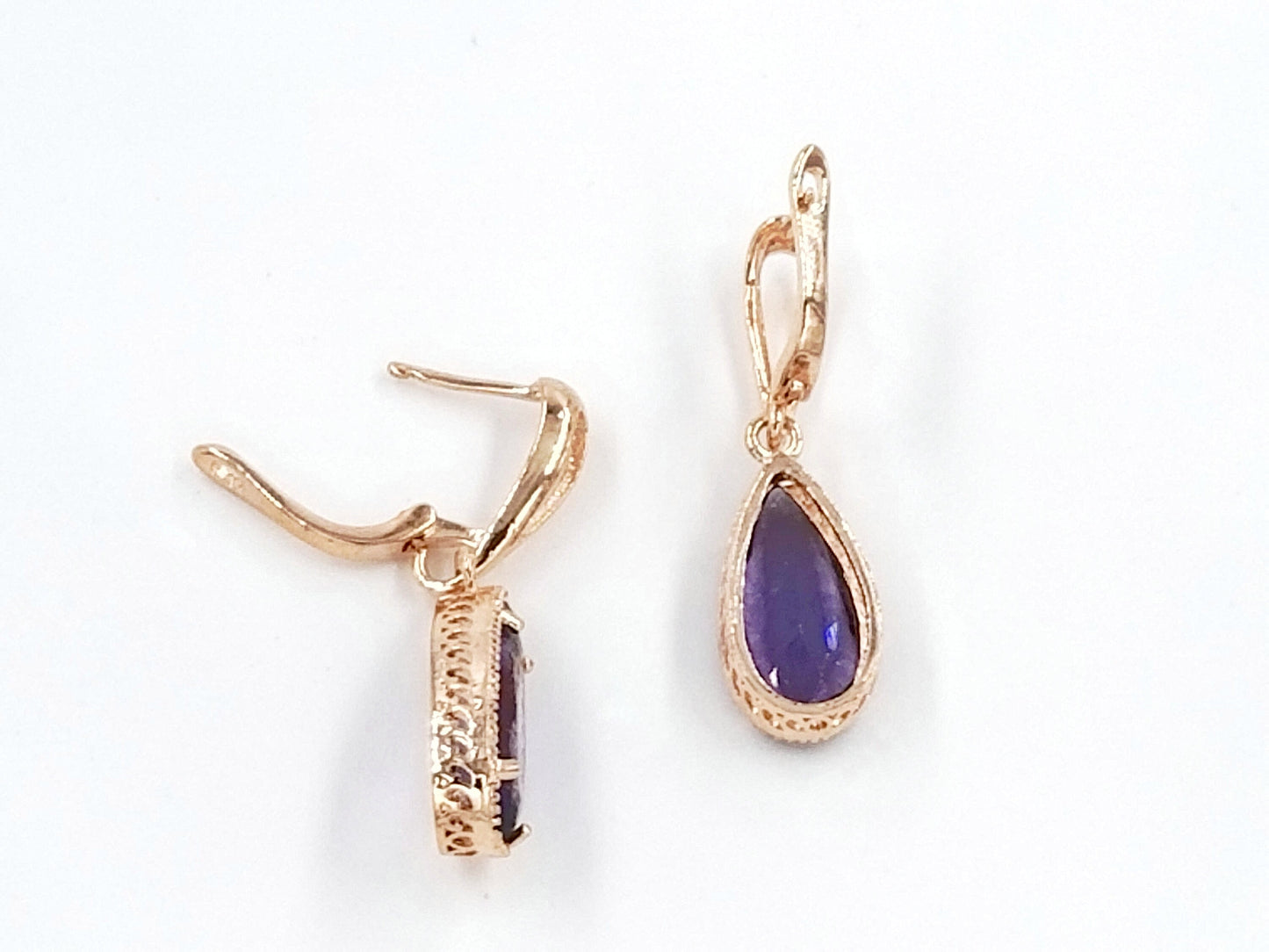 Pear shaped amethyst dangling earring in 14K rose gold, purple gemstone teardrop earrings, gift for her, gift for mom, February birthstones