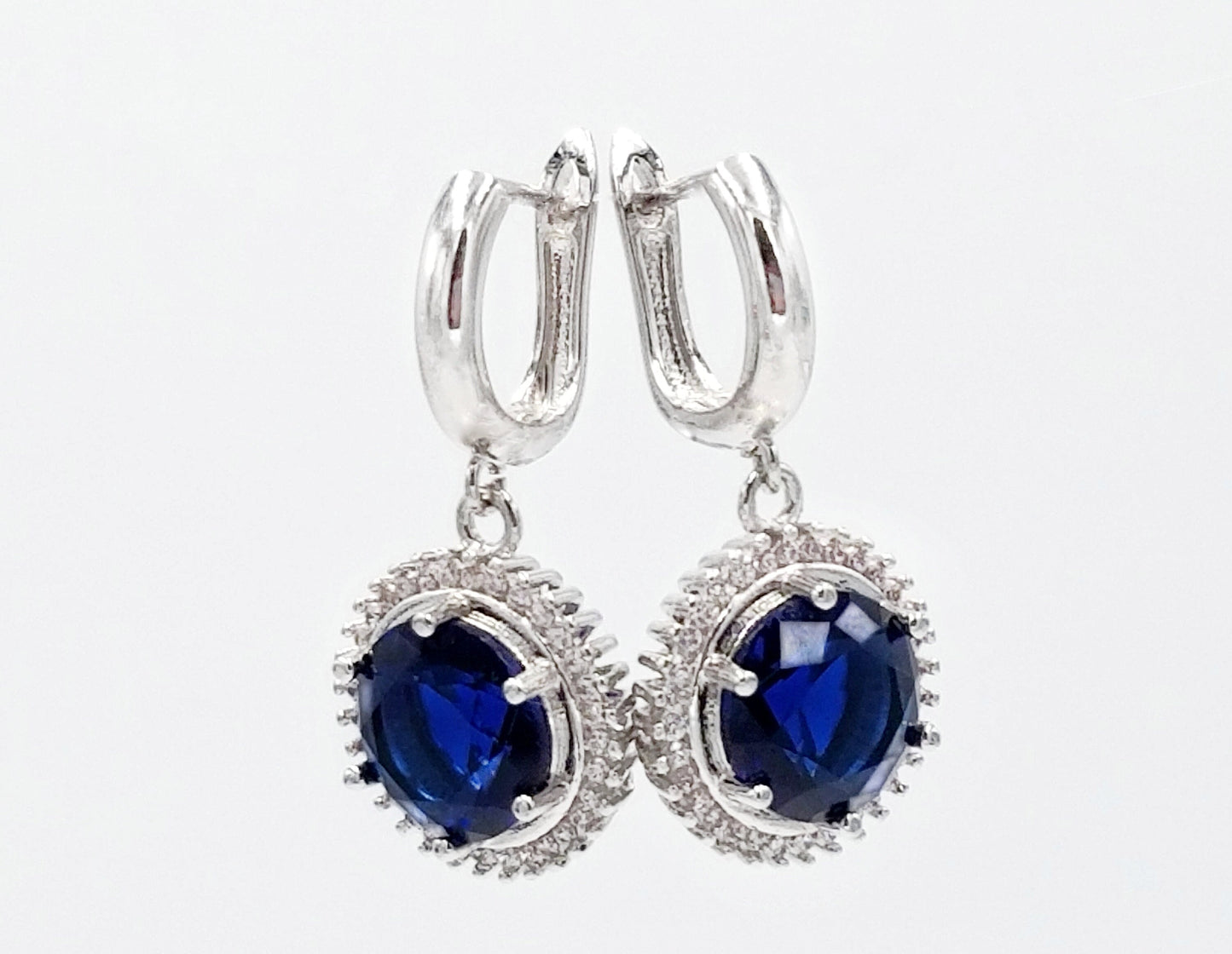 Large halo sapphire dangle earrings, dark blue round gemstone drops, blue statement earrings,gift for her, gift for mom