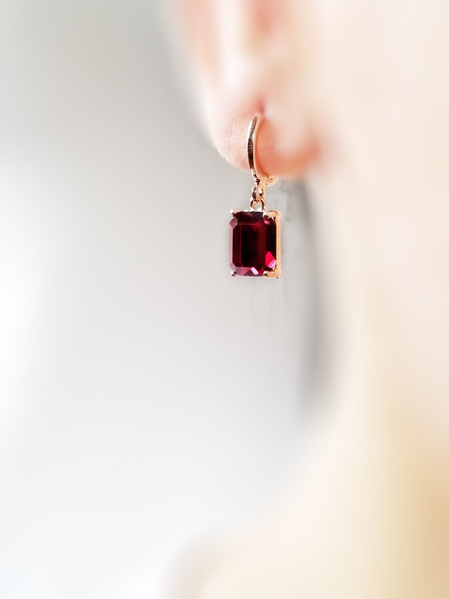 Small emerald cut ruby dangle earring, red gemstone drop earrings, July birthstone, gift for her, gift for daughter, Christmas gift